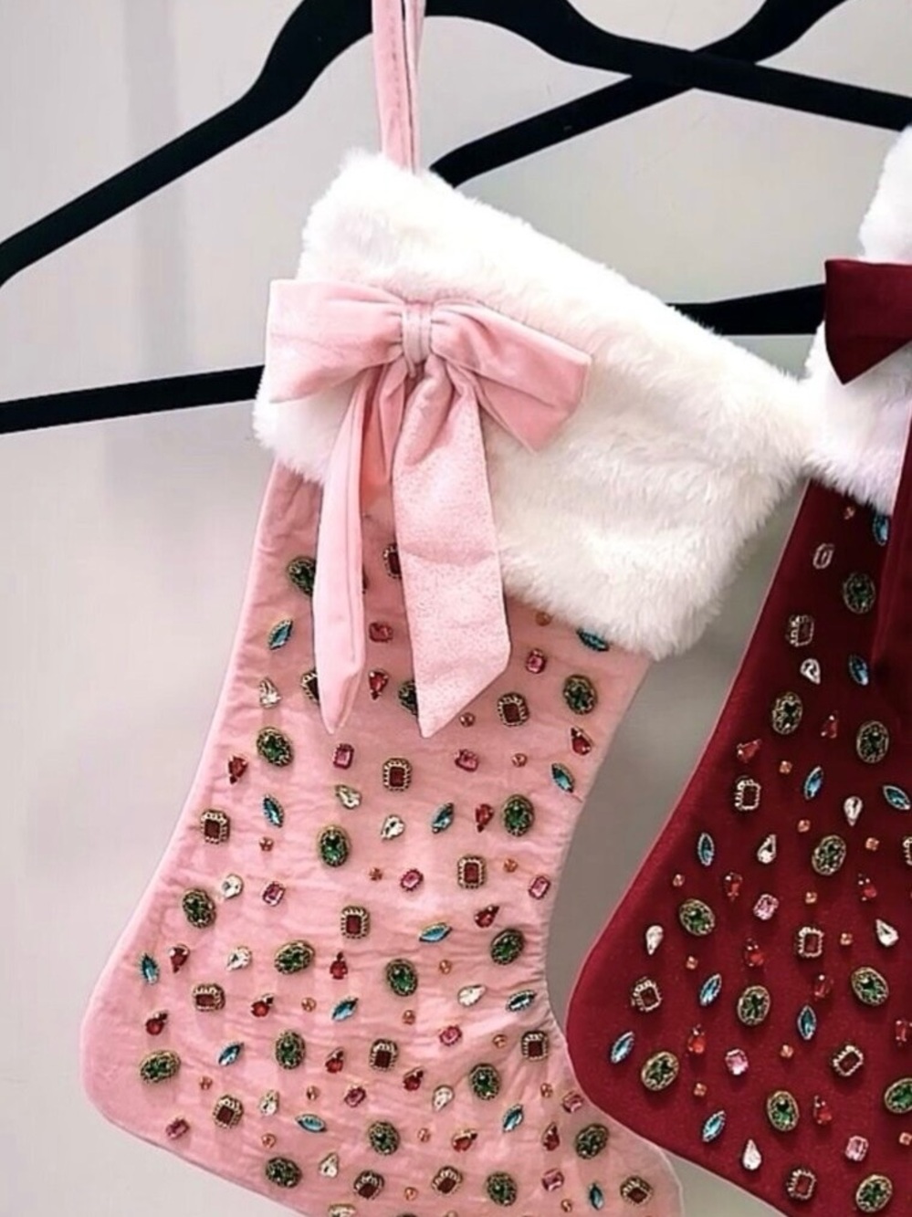 Brianna Cannon Pink Velvet Bejeweled Christmas Stocking with Bow
